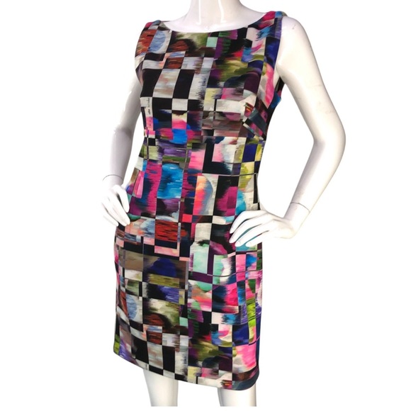 Milly Sheath Dress Cubist Print Midi Multicolor sz 0 - Picture 2 of 8